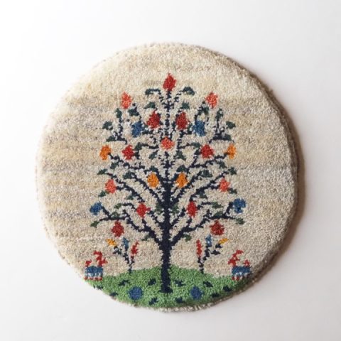 ギャッベ | 座布団サイズ(円形) 38×39cm 生命の樹 鹿 風景画 イラン #CC-153